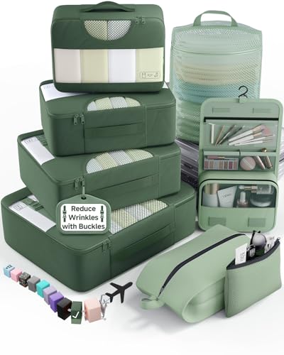 Veken 8 Set Packing Cubes for Travel Essentials,Anti-Wrinkle Buckled Suitcase Organizer for Shoe & Toiletry Bag,Carry On Luggage Bag for Airplane & College Dorm Room Accessories,Women Men Gifts - color: 20 Matcha & Jungle Green