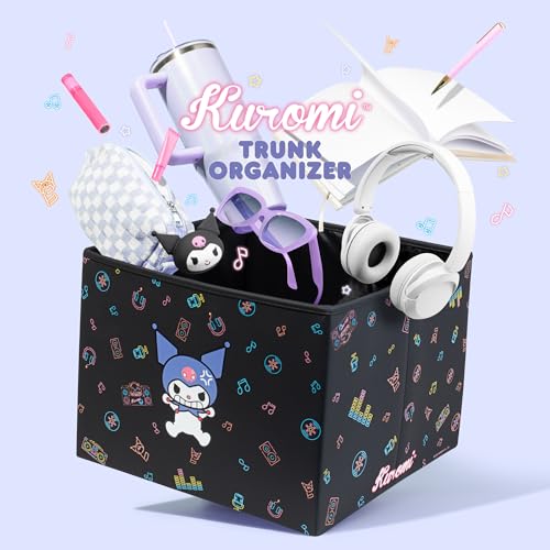 Sanrio Kuromi Car Trunk Organizer & Steering Wheel Cover Set – Cute, Non-Slip, Soft Grip Car Accessories for Women – Collapsible Storage Bin for Groceries, Tools & Travel – 12.5"L x 12.5"W x 9"H - style: Set Kuromi