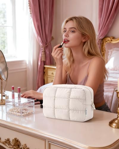 Narwey Puffer Travel Makeup Bag for Women Girl, Quilted Puffy Cosmetic Bag Make Up Bag Organizer, Cute Travel Toiletry Bag for Toiletries (Beige) - color: Beige