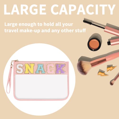 Iqimott Snack Bag Monogram Clear Letter Flat Pouch, Chenille Glitter Letter Patch Makeup Cosmetic Bag Zipper Toiletry Pouch, Portable Travel Beach Wristlet Bags for Women Girls(Snack, Pink) - color: Snack-Pink
