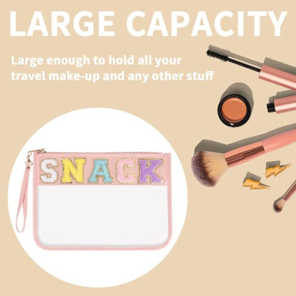 Iqimott Snack Bag Monogram Clear Letter Flat Pouch, Chenille Glitter Letter Patch Makeup Cosmetic Bag Zipper Toiletry Pouch, Portable Travel Beach Wristlet Bags for Women Girls(Snack, Pink) - color: Snack-Pink