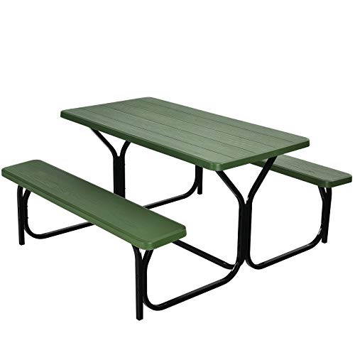 Giantex Picnic Table Bench Set Outdoor Camping All Weather Metal Base Yard Pool Dining Party Garden Patio Lawn Deck Large Camping Table (Green) - color: Green