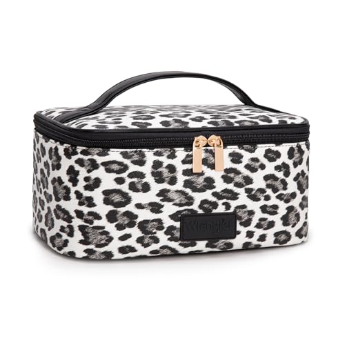 Montana West X Wrangler Travel Makeup Bag 2pcs Set Large Cosmetic Bag with Makeup Brush Holder Portable Make Up Organizer Cute Toiletry Bag with Divider and Handle for Women Leopard - color: Leopard-Black