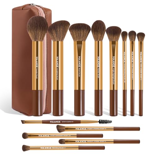 MAANGE 13 PCS Makeup Brushes Professional Make Up Brushes Premium Synthetic Powder Concealers Brushes Travel Makeup Brush Set with Case (Gold) - color: Gold