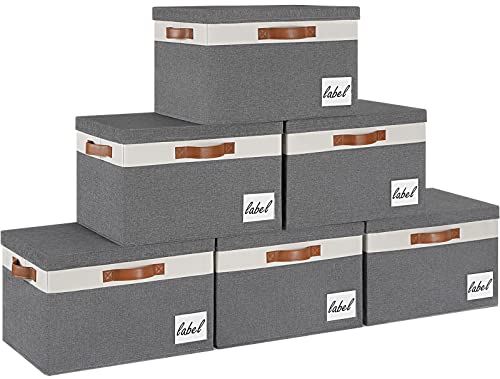 GhvyenntteS 6 Pack Fabric Storage Bins with Lid, Large Closet Storage Bins with Lid and 3 PU Handles, Foldable Fabric Storage Boxes with Label Window for Home Bedroom Office (Grey, Large) - color: Grey with White, size: Large-6 Pack
