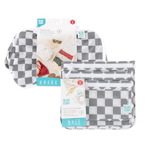 Bumkins Packing Cubes and TSA Approved Pouches for Travel Bag, Organize Luggage with Compression Bag, Essential Traveling Accessories to Pack Clothes, Toiletries Carry On Suitcase, 5-pc Gray Check - color: A2 Charcoal Check-set