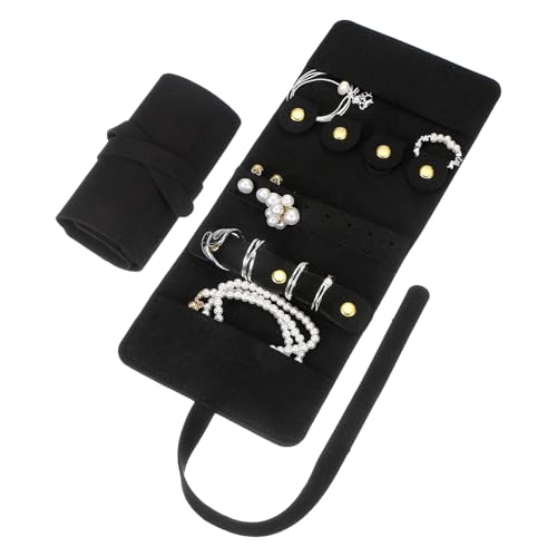 uxcell Travel Jewelry Bag Roll, Foldable Travel Organizer with Tie Close Microfiber Storage Roll for Earrings, Necklaces, Rings, Bracelets, Brooches, Valentine's Day Gifts, Black - color: Black