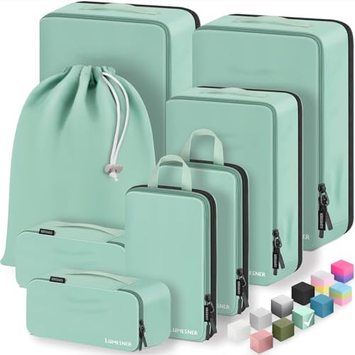 8 Set Compression Packing Cubes for Travel, Waterproof Luggage Organizers, Suitcase Organizer Set for Carry-On & Checked Baggage, Travel Accessories for Men & Women - color: 03-Green