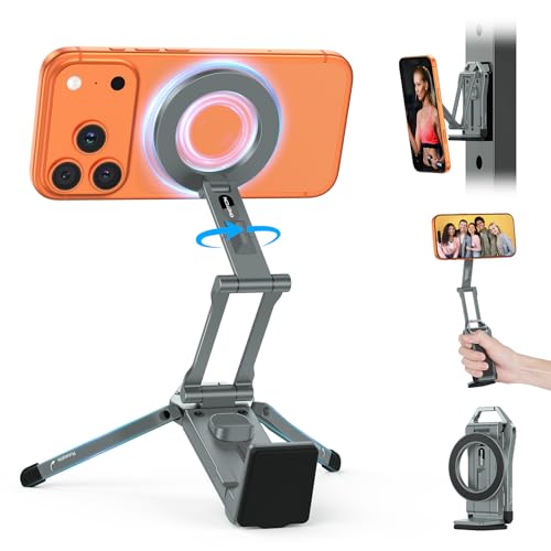 OMOTON TP02 360°Rotating for MagSafe Tripod Mount, Adjustable Aluminum Magnetic Phone Tripod for iPhone 17/16/15/14 Pro Max Air, Foldable Cell Phone Stand Fits Vlog, Gym, Travel Essentials, Gray - color: 2-Gray