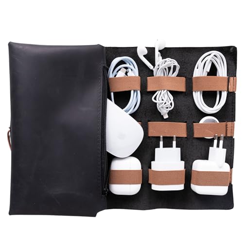 HARDISTON Custom Genuine Leather Electronic Cable Organizer Bag Handmade Travel Cord Organizer Roll Case for Hard Drives, Cables, Charger, Phone, USB, SD Card (Large - Black) - color: Black, size: Large