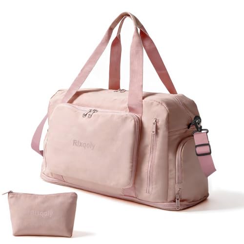 Travel Duffel Bag, 30–40L Expandable Weekender Bag with Shoe Compartment, Foldable Carry On Travel Bag with Wet Pocket and Matching Pouch - color: Pink