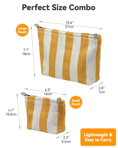 2 Pcs Makeup Bag Set, Women Gifts, Travel Cosmetic Bags, Canvas Make up Bag for Purse, Yellow Striped Makeup Pouch with Zipper Lining, Cosmetic Storage Car Organizer, Portable Large & Small Toiletry - style: Striped Yellow Canvas
