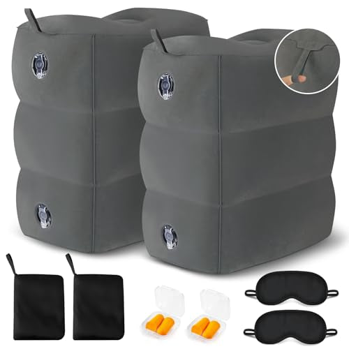 Inflatable Airplane Foot Rest Pillow - Travel Foot Rest for Long Flights, Car Seat Foot Rest for Kids Airplane Seat Extender Bed for Toddler, Blow up Plane Footrest with Easy-Carry Strap, Gray 2 Pack