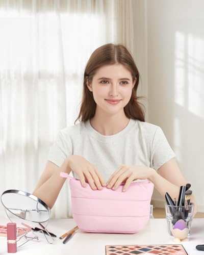Narwey Travel Makeup Bag for Women Girl, Puffer Makeup Up Organizer Bag Cosmetic Bag, Puffy Cute Makeup Pouch Purse, Travel Toiletry Bag (Pink) - color: Pink