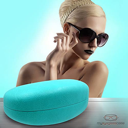 MyEyeglassCase® Large Hard Sunglasses Case | fits Large curved Sunglasses, with microfiber bag and cleaning cloth - color: Turquoise