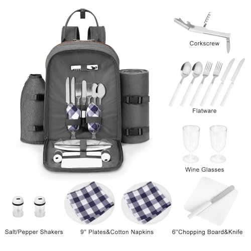 ALLCAMP Picnic Backpack - Insulated Cooler Bag with Compartment, Detachable Wine Glass Holder, Throw Blanket & Cutlery Set, 2 Person Picnic Set for Family Outings, Couple Gifts (Gray) - color: Gray, size: 2 person