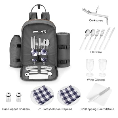 ALLCAMP Picnic Backpack - Insulated Cooler Bag with Compartment, Detachable Wine Glass Holder, Throw Blanket & Cutlery Set, 2 Person Picnic Set for Family Outings, Couple Gifts (Gray) - color: Gray, size: 2 person