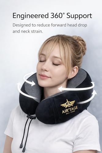 Travel Pillow for Airplane & Long Flights – Memory Foam Neck Support with Chin Support Design, Washable Cover, Eye Mask & Ear Plugs, Compact Carry Bag