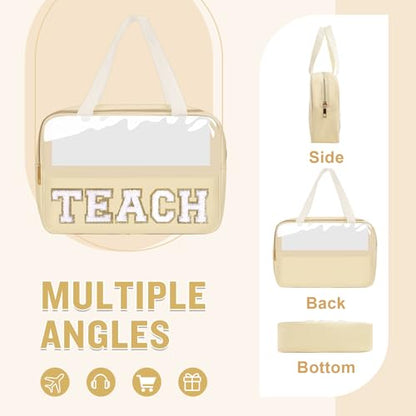 izuzta Teacher Appreciation Gifts TEACH Chenille Letter Clear Makeup Bag Pouch, Monogram Teacher Supplies Zipper with Handle Travel Cosmetic Bag Graduation Retirement Gifts for Women(TEACH-Beige) - color: TEACH-Beige