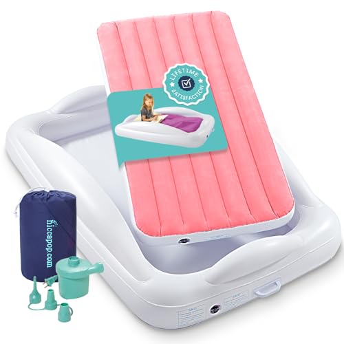 Hiccapop Inflatable Toddler Travel Bed with Safety Bumpers [4-Sided], Portable Toddler Bed for Kids, Toddler Air Mattress, Kids Air Mattress - Pink - color: Pink
