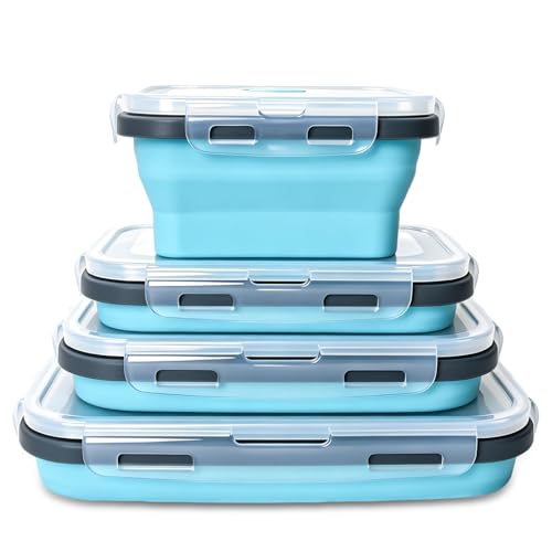 Collapsible Silicone Food Storage Containers 4 Set Airtight Leak Proof Food Containers with Lids Stackable Meal Prep for Microwave Freezer Dishwasher for Kitchen Camping Office Blue - color: Blue with Gray Edges