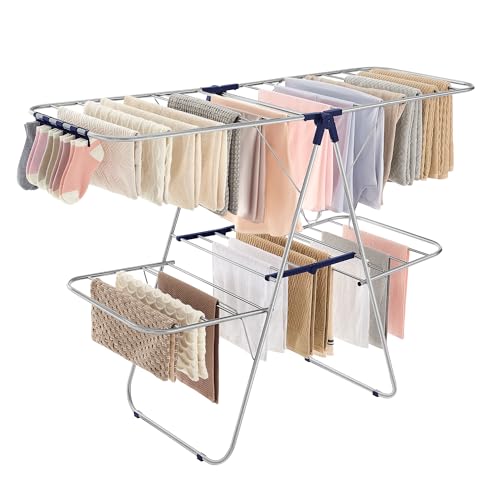 SONGMICS Clothes Drying Rack, Foldable 2-Level Laundry Drying Rack, Free-Standing Laundry Airer, with Height-Adjustable Wings, 33 Drying Rails, Sock Clips, Silver and Blue ULLR53BUV1 - color: Silver + Blue, size: 2 Tiers（22"d x 61.8"w x 64.3''h )