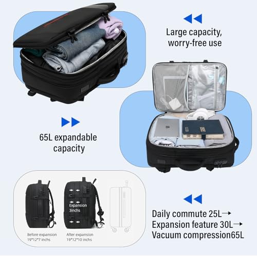 Vacuum Seal Travel Backpack W/Pump Built-in - 65L Water-Resistant Carry-On Vacuum Backpack Travel Bag Expandable Air Compression System with TSA Lock Fits19 Laptop (Black) - size: 65L