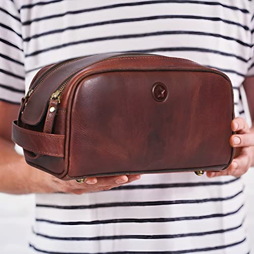 10" Premium Leather Toiletry Travel Pouch With Waterproof Lining | King-Size Handcrafted Vintage Dopp - Kit By Aaron Leather Goods (Dark Brown) - color: Dark Brown