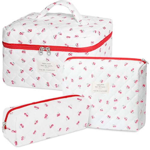 senbowe Floral Makeup Bag, 3 Pack Large Cotton Quilted Makeup Bag Set, Cute Floral Coquette Aesthetic Toiletry Bag Make Up Cosmetic Bag for Women, Toiletry Travel Make Up Organizer Bag - color: Red Cherry