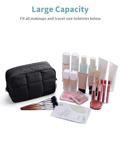 Narwey Puffer Makeup Bag for Women Girl, Quilted Travel Cosmetic Bag Puffy Make Up Bag Organizer, Cute Travel Toiletry Bag for Toiletries (Black) - color: Black