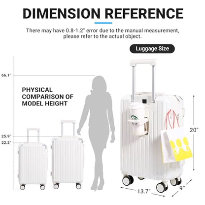 Carry-on Luggage with Cup Holder & USB Charging Port, Hard Side Luggage with Spinner Wheels, Lightweight Luggage for Travel, Business (White, Carry-On 20-Inch) - color: White
