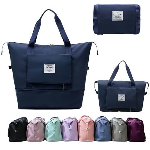 Large Capacity Foldable Travel Bag, Expandable lightweight Carry on Bag, Dry with Wet Separation Spor Duffel Bags (Dark Blue) - color: Dark Blue