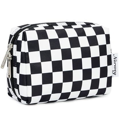 Narwey Small Checkered Makeup Bag for Purse Mini Cosmetic Bag Travel Makeup Pouch Zipper Pouch Cute Make up Bags with Compartments for Women Girls (Black Checkerboard, Small) - color: YB-Black Checkerboard, style: Small