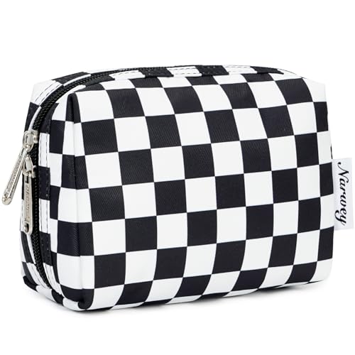 Narwey Small Checkered Makeup Bag for Purse Mini Cosmetic Bag Travel Makeup Pouch Zipper Pouch Cute Make up Bags with Compartments for Women Girls (Black Checkerboard, Small) - color: YB-Black Checkerboard, style: Small