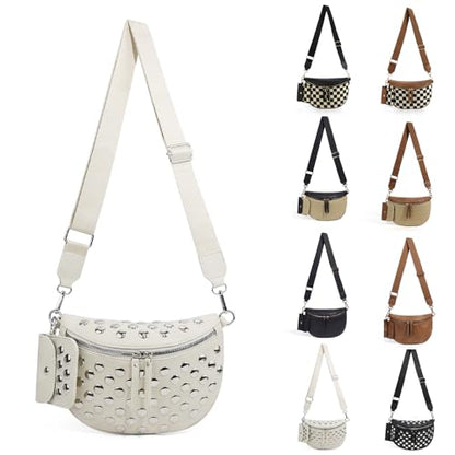 Checkered Crossbody Bag for Women Nylon Bum Bag Spacious Fanny Pack Adjustable Strap Lightweight Travel Everyday Purse Water Resistant Handbag (Rivet White) - color: Rivet White