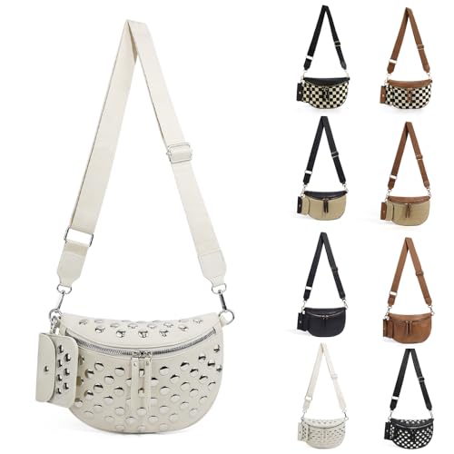 Checkered Crossbody Bag for Women Nylon Bum Bag Spacious Fanny Pack Adjustable Strap Lightweight Travel Everyday Purse Water Resistant Handbag (Rivet White) - color: Rivet White