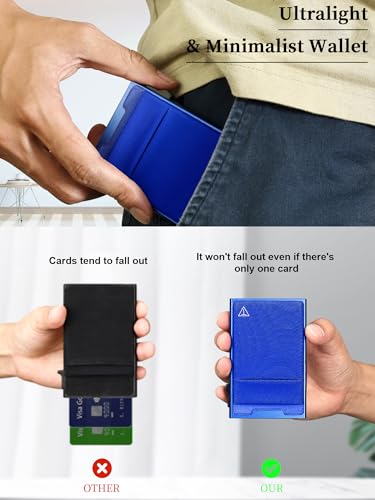 TOYFID Slim Wallet for Men - Pop Up Card Holder Wallet,Minimalist Business Wallet,Credit Card Wallet with Money Pocket,Metal Card Case Wallet,RFID Blocking,Can Hold 6 Credit Cards - color: blue B