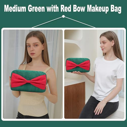 Small Nylon Toiletry Kit Bag for Travelling Women Fashion Cosmetic Pouch Cute Makeup Bag with Bow (M,Green-Bow) - color: Green-Bow, size: M