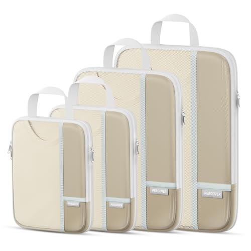 Percover Compression Packing Cubes for Travel, 4-Piece Structured Compression Organizer Set with Label Pockets for Carry-On & Checked Luggage, Camel - color: Camel, size: 4 Set