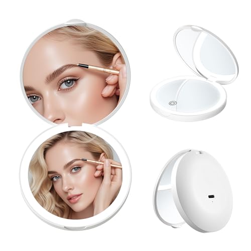 Led Travel Makeup Mirror 1x/2x Magnifying Compact Mirror with Light USB Rechargeable Small Pocket Mirror Dimmable Portable Makeup Mirror for Handbags Purses Pockets Gifts for Girls White