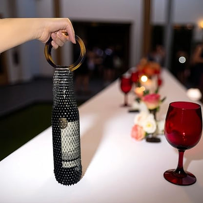 Munyee Hua Rhinestone Mesh Wine Bag Champagne Bottle Tote with Handle Reusable Gift Pouch Crystal Carrier Sparkly Bling Wedding Party Bridesmaid Gift Housewarming Holiday(Brown Handle Black Mesh) - color: Brown Handle Black Mesh