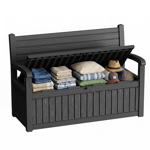 80 Gallon Outdoor Storage Bench Spacious Storage Box Waterproof Resin Deck Box Lockable for Patio, Garden, Living Room & Outdoor Spaces（Black） - color: Black Stripe, size: 80gallon