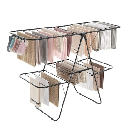 SONGMICS Clothes Drying Rack, Foldable 2-Level Laundry Drying Rack, Free-Standing Laundry Airer, with Height-Adjustable Wings, 33 Drying Rails, Sock Clips, Black ULLR053B01V1 - color: Black, size: 2 Tiers（22"d x 61.8"w x 64.3''h )