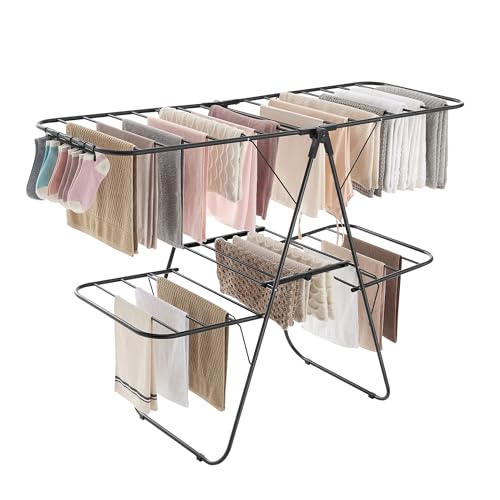 SONGMICS Clothes Drying Rack, Foldable 2-Level Laundry Drying Rack, Free-Standing Laundry Airer, with Height-Adjustable Wings, 33 Drying Rails, Sock Clips, Black ULLR053B01V1 - color: Black, size: 2 Tiers（22"d x 61.8"w x 64.3''h )