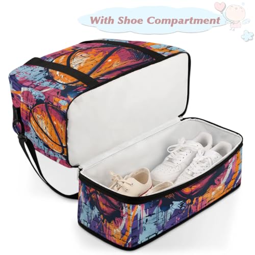 Travel Duffel Bag Basketball Graffiti Weekender Bag with Shoe Compartment Foldable Overnight Bags for Travel Sports Lightweight Gym Bags for Men Women - color: Basketball Graffiti