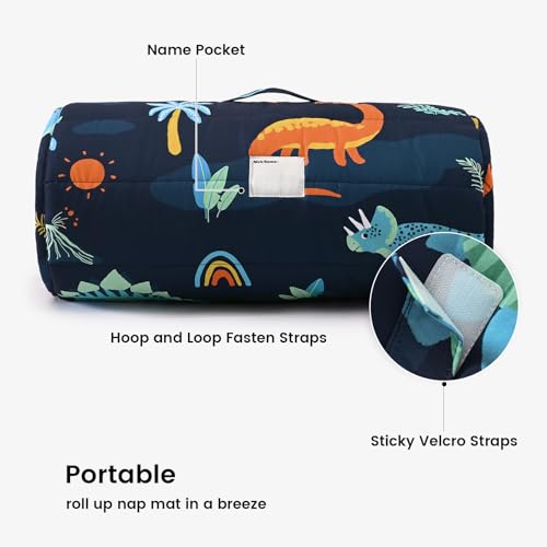 PHF Soft Toddler Nap Mat with Removable Pillow, Rollup Design Kids Sleeping Mat, Slumber Bags for Boys, 55"x23" Toddler Sleeping Bag for Daycare Preschool Travel Camping, Large Navy Dinosaur - color: Large Navy Dinosaur