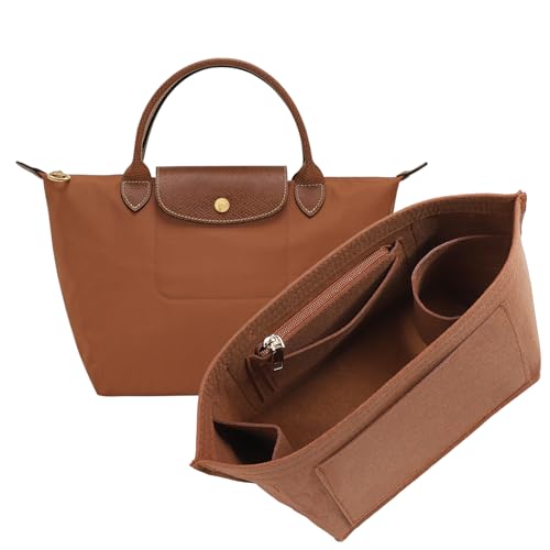 Premium Felt Purse Organizer Insert for Longchamp Le Pliage S Handbag,Zipper Small Handbag Organizer with Cup Holder,Bags Storage Divider with 8 Upgraded Deepened Compartments,S/Gold-brown - color: Gold-brown, size: S Handbag