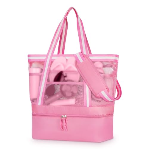 WOOMADA Beach Tote Bag With Cooler, Large Mesh Beach Bags for Women with Wet Pocket, Pool, Swim, Travel Essentials - color: Hot Pink White
