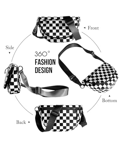 Crescent Bag for Women and Men, Fashion Medium Nylon Folding Crescent Moon Bag Single Shoulder Bag with Adjustable Strap - color: Crossbody bag- Black White Checkered