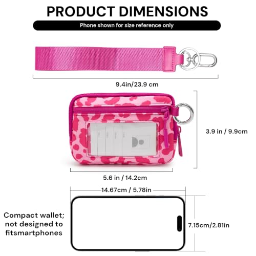 YDF Small Nylon Wristlet Wallet for Women, Minimalist Zip Keychain Coin Purse Card Case with Clear ID Window, Water-Resistant Pouch - color: Hot Pink Leopard